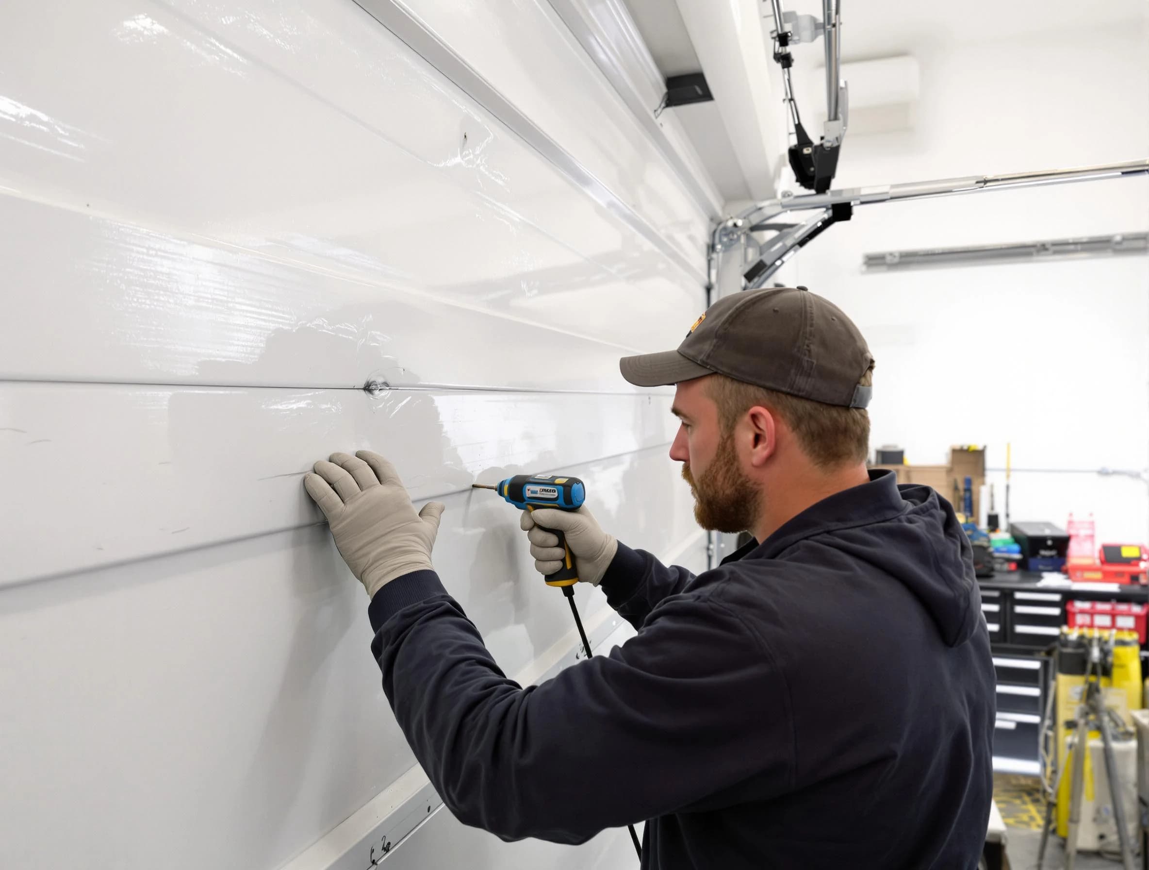 Wayne Garage Door Repair technician demonstrating precision dent removal techniques on a Wayne garage door