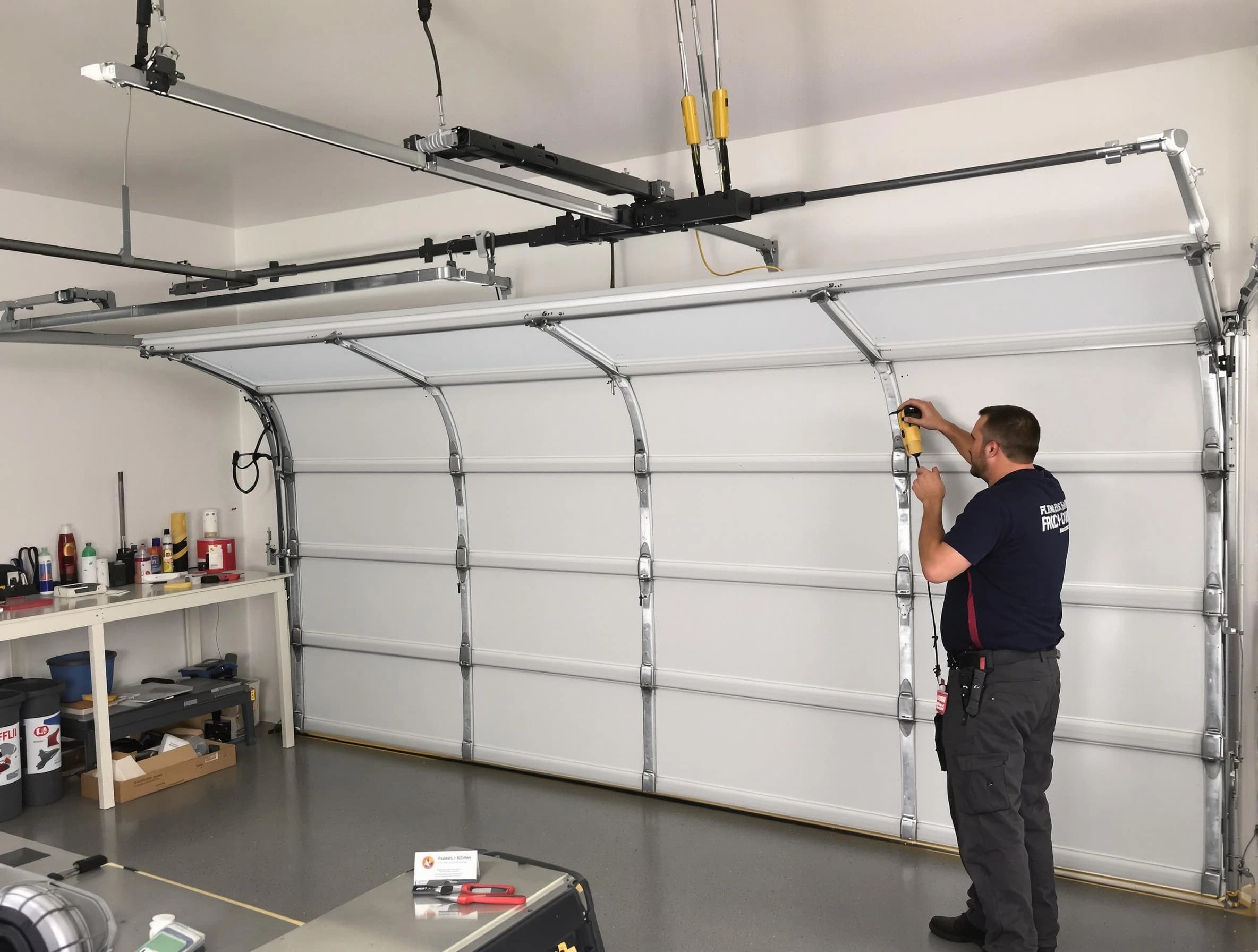 Wayne Garage Door Repair certified technician performing overhead door system repair in Wayne
