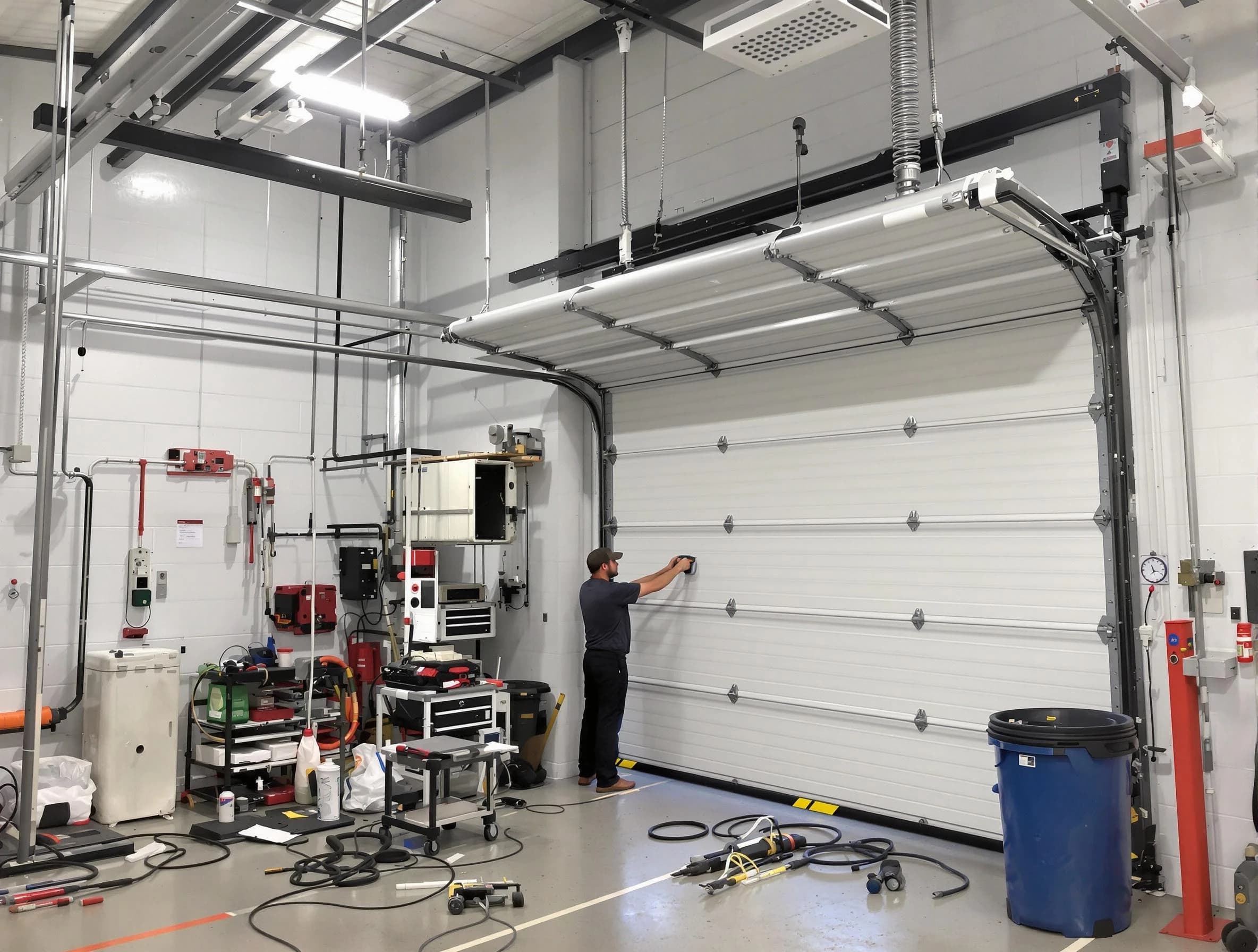 Wayne Garage Door Repair certified technician performing commercial door repair at a Wayne business facility