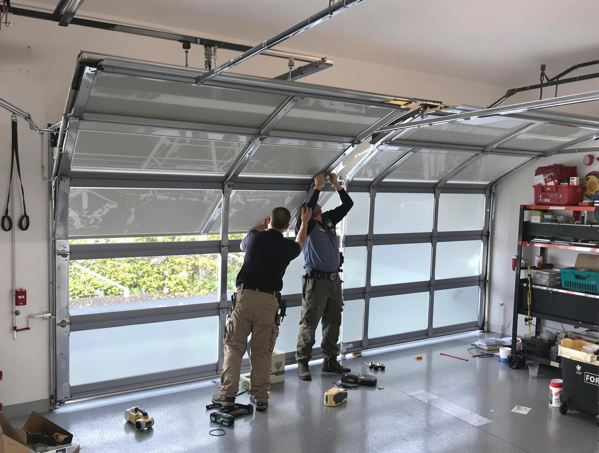 Wayne Garage Door Repair expert performing precise panel replacement on Wayne garage door