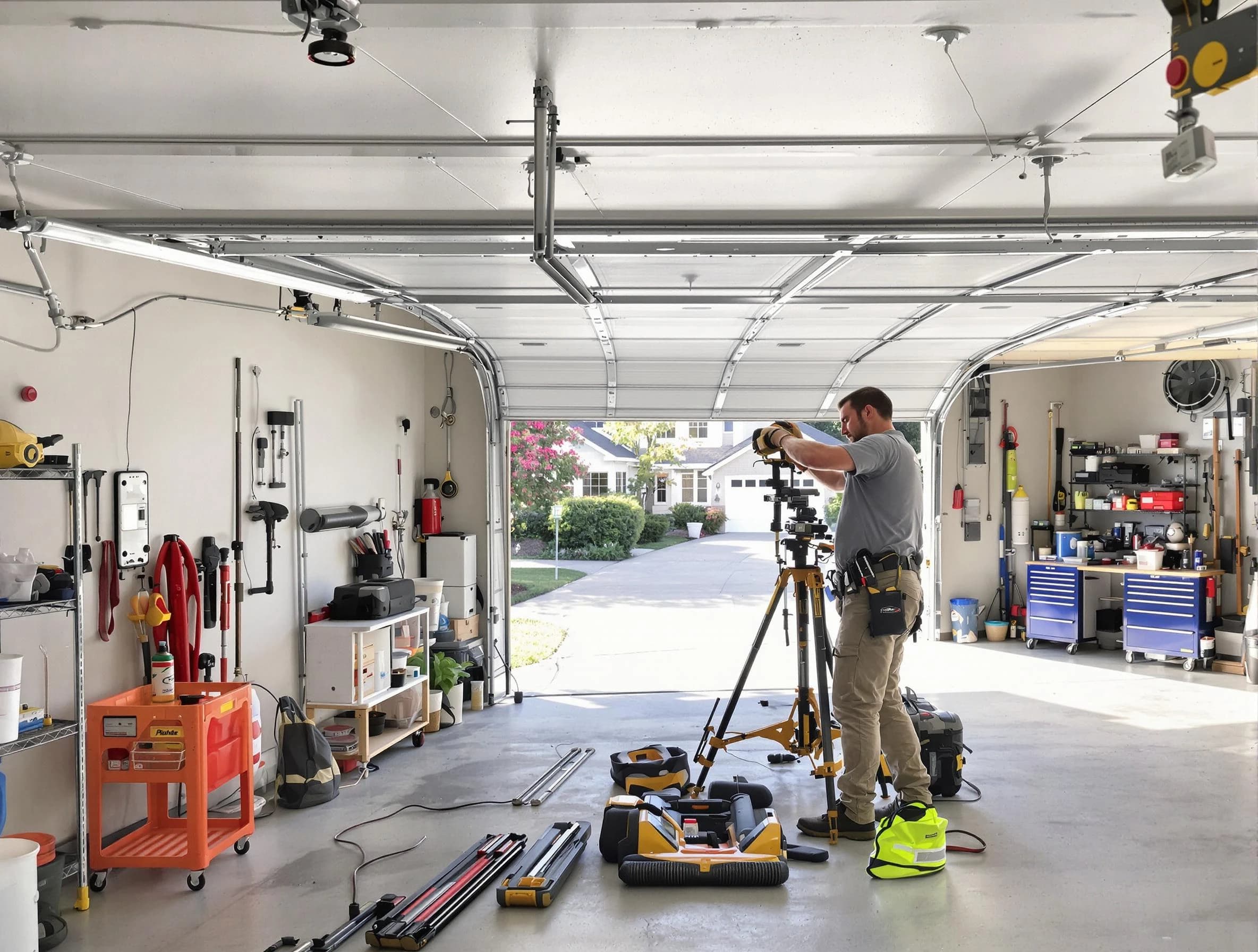 Wayne Garage Door Repair specialist performing laser-guided track alignment in Wayne